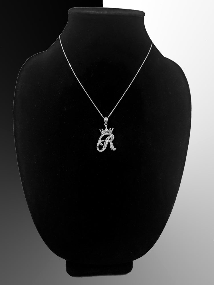 Sterling Silver Cursive Letter Initial Diamond-Cut Crown Pendant Necklace Karma Blingz