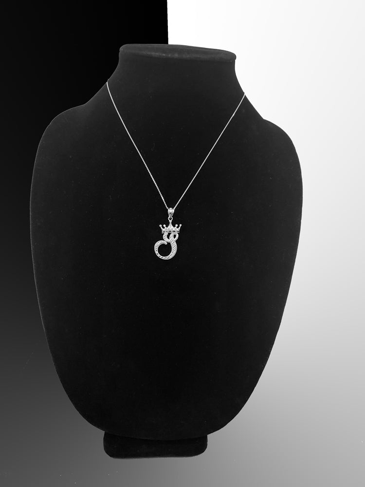 Sterling Silver Cursive Letter Initial Diamond-Cut Crown Pendant Necklace Karma Blingz