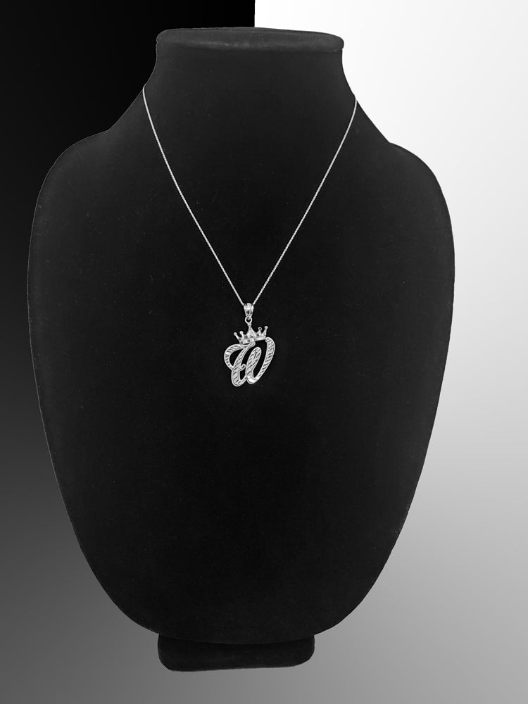 Sterling Silver Cursive Letter Initial Diamond-Cut Crown Pendant Necklace Karma Blingz