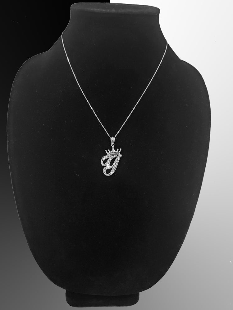 Sterling Silver Cursive Letter Initial Diamond-Cut Crown Pendant Necklace Karma Blingz