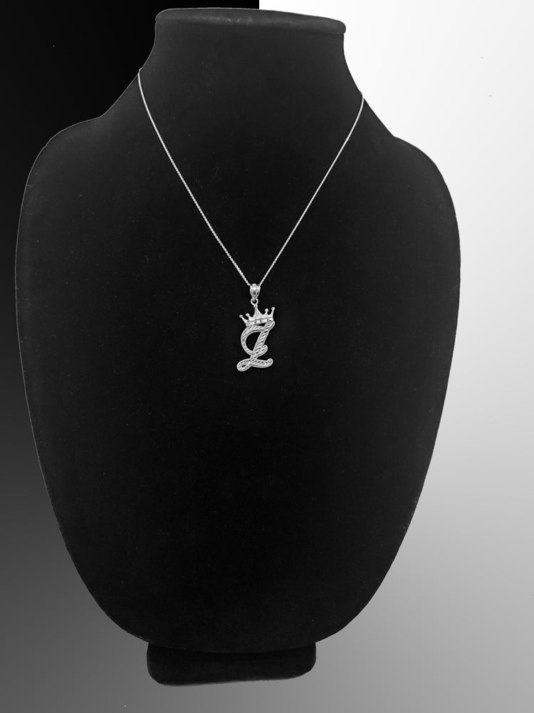 Sterling Silver Cursive Letter Initial Diamond-Cut Crown Pendant Necklace Karma Blingz