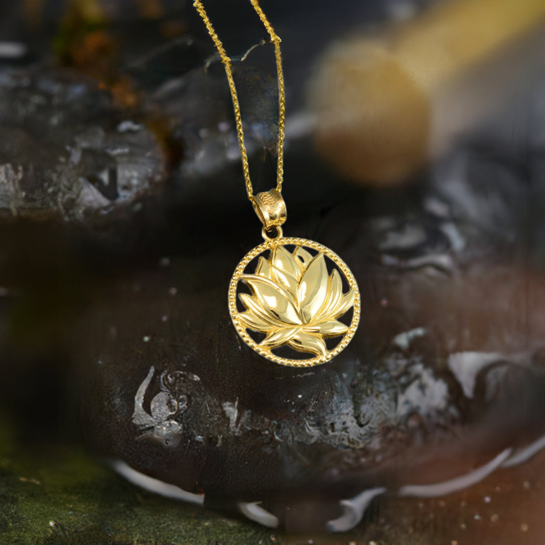 Gold Lotus Flower in Circle Yoga Pendant Necklace (yellow/white/rose)