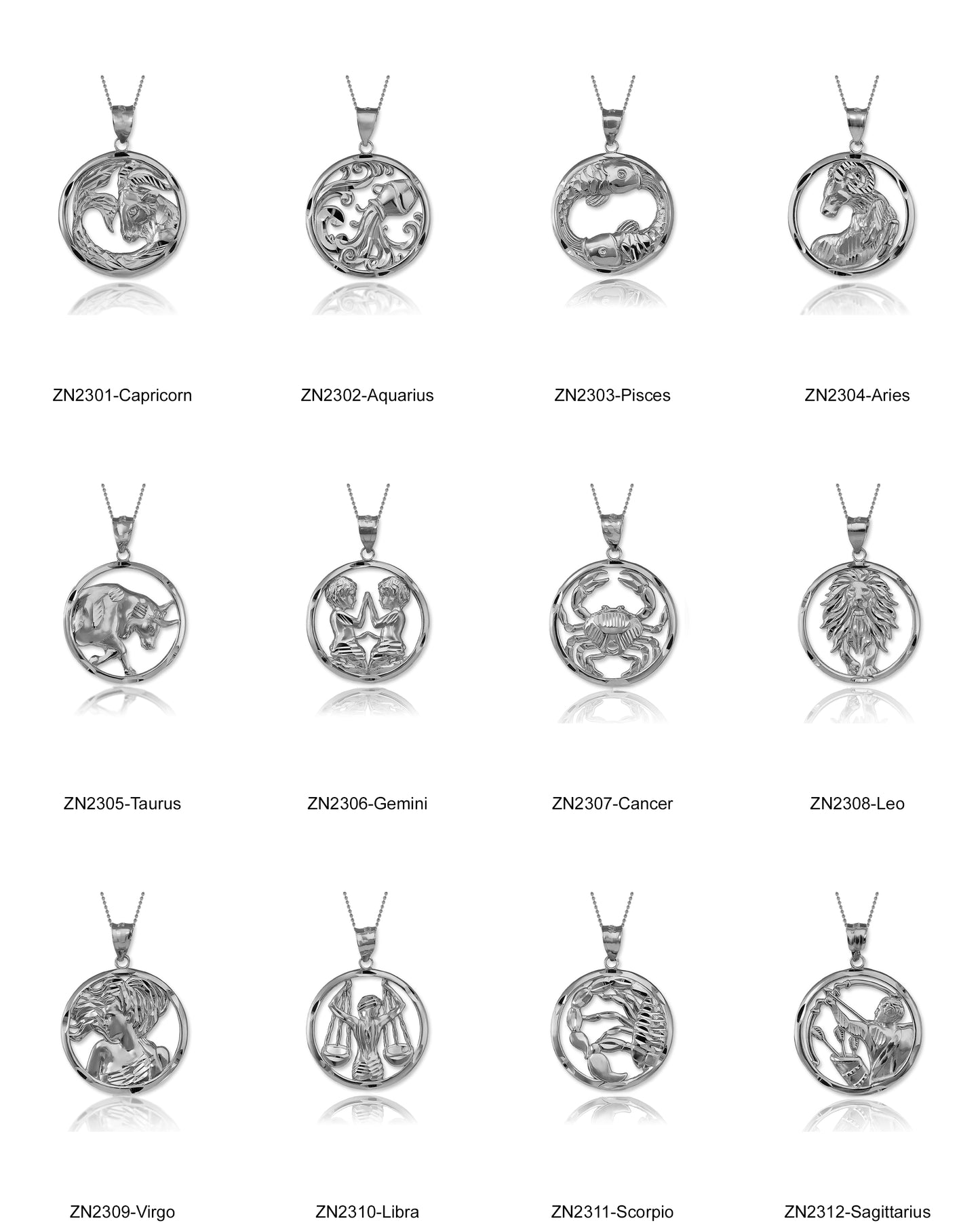 Sterling Silver Zodiac Sign Pendant Necklace Round Diamond-Cut Design 12 Astrology Signs