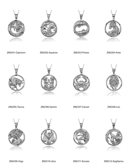 Sterling Silver Zodiac Sign Pendant Necklace Round Diamond-Cut Design 12 Astrology Signs