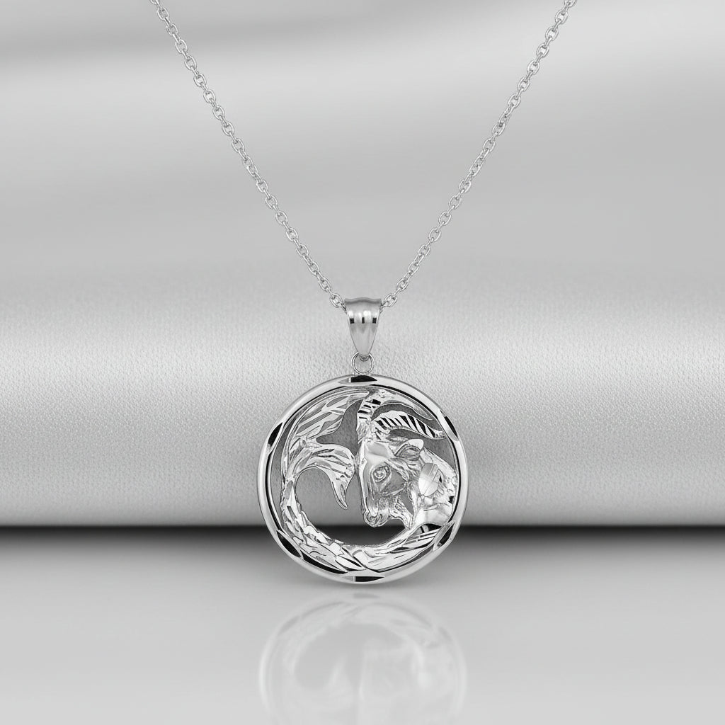 Sterling Silver Zodiac Sign Pendant Necklace Round Diamond-Cut Design 12 Astrology Signs