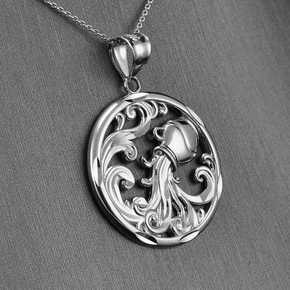 Sterling Silver Zodiac Sign Pendant Necklace Round Diamond-Cut Design 12 Astrology Signs