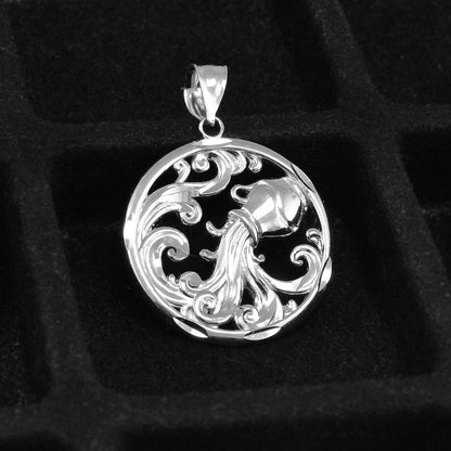 Sterling Silver Zodiac Sign Pendant Necklace Round Diamond-Cut Design 12 Astrology Signs