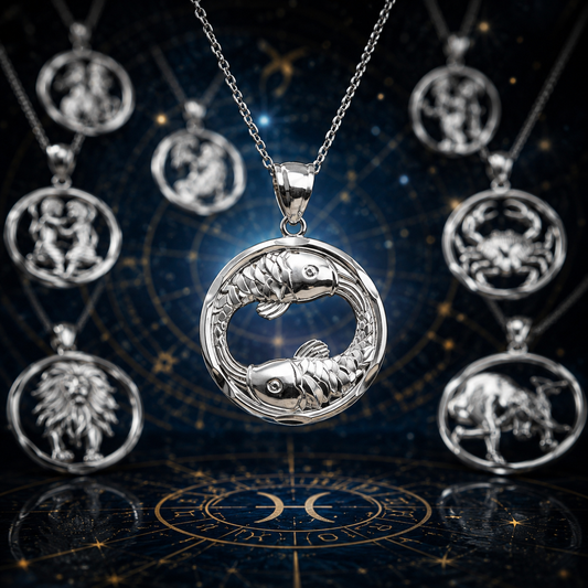 Sterling Silver Zodiac Sign Pendant Necklace Round Diamond-Cut Design 12 Astrology Signs