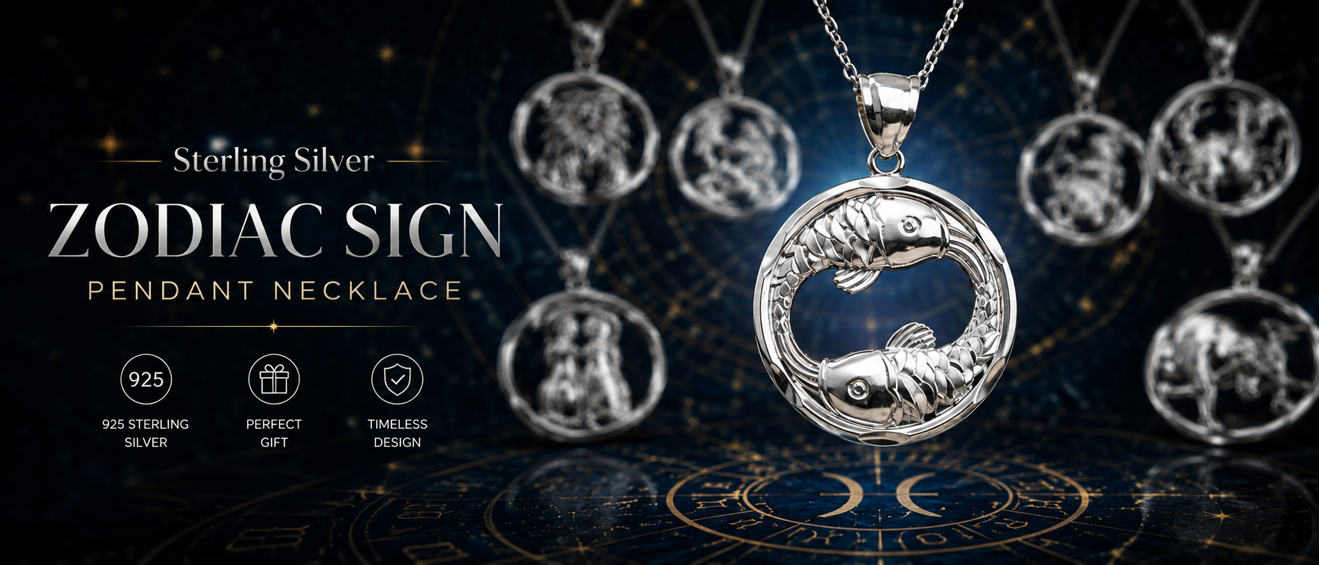 Silver zodiac sign pendant necklace with detailed design on a dark background