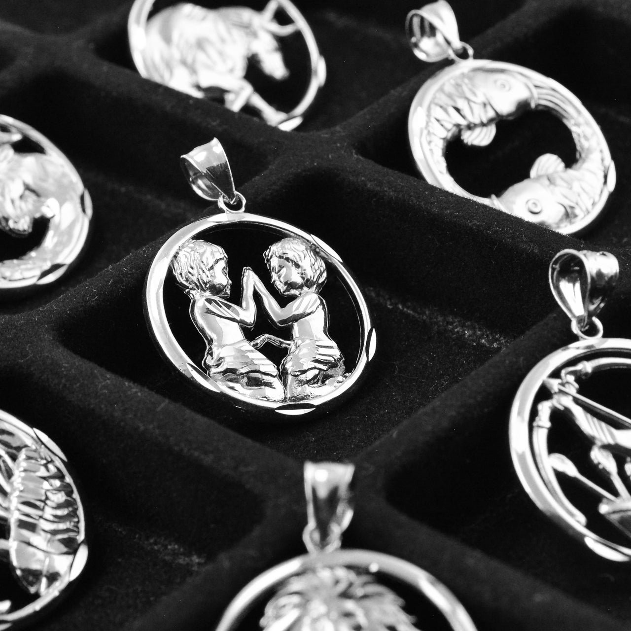 Sterling Silver Zodiac Sign Pendant Necklace Round Diamond-Cut Design 12 Astrology Signs