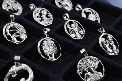 Sterling Silver Zodiac Sign Pendant Necklace Round Diamond-Cut Design 12 Astrology Signs