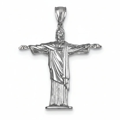 Silver pendant of a religious figure with outstretched arms on a white background