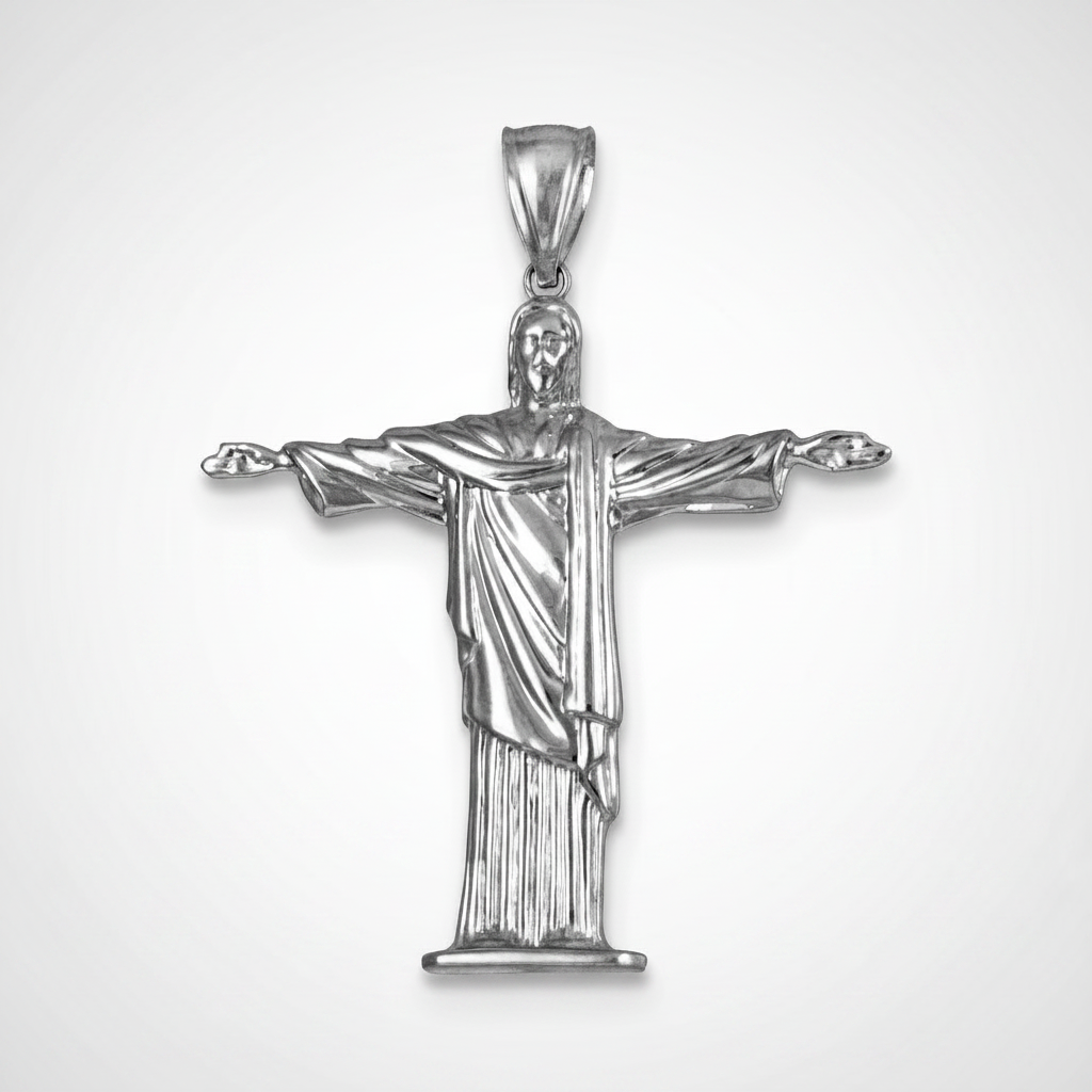 Silver pendant of a religious figure on a white background