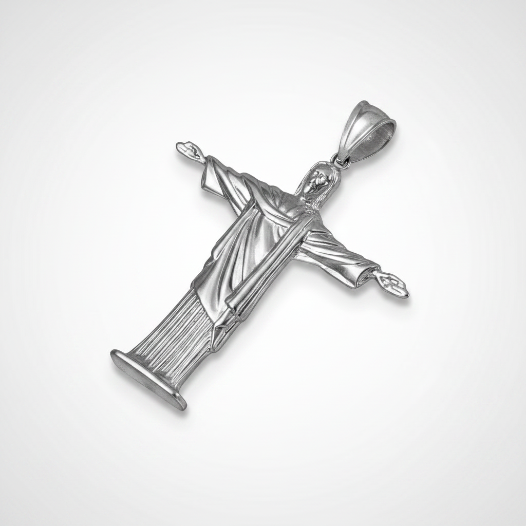 Silver crucifix pendant on a white background