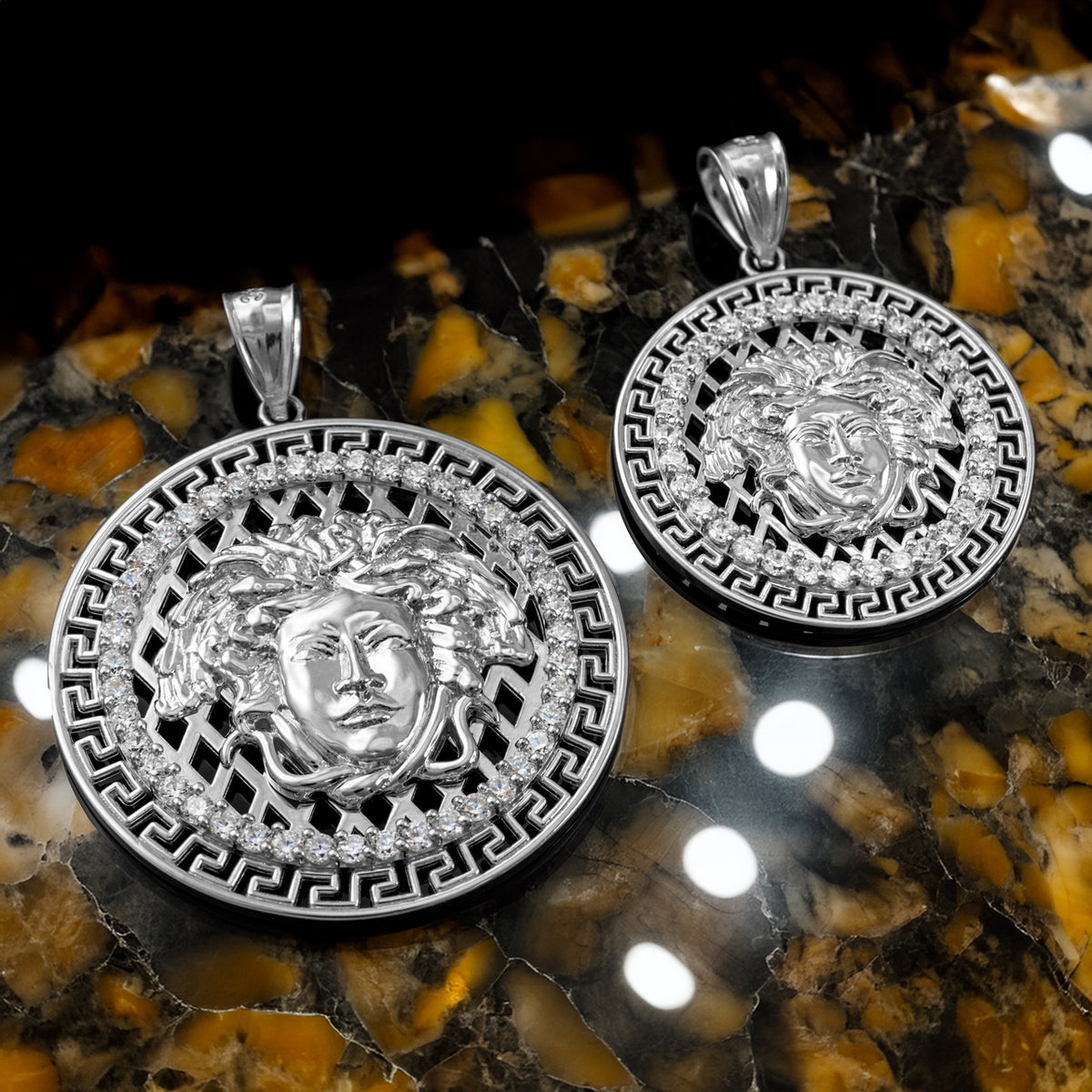 Sterling Silver Medusa Greek Key CZ Medallion Pendant (small, large)