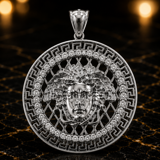 Sterling Silver Medusa Greek Key CZ Medallion Pendant (small, large)