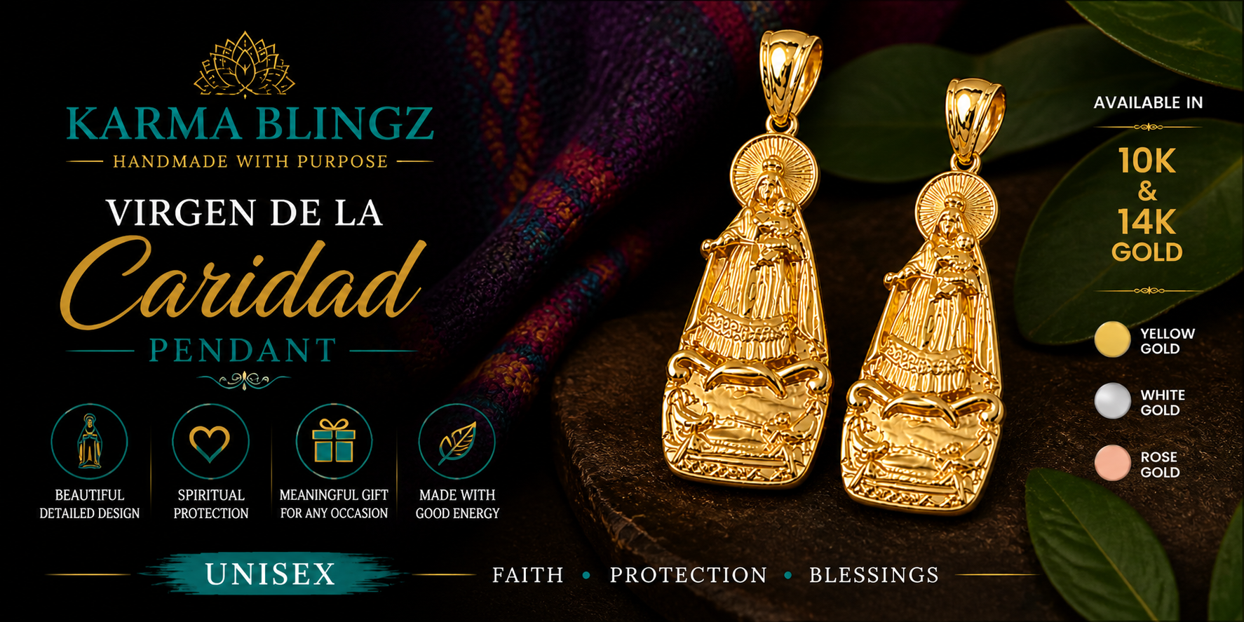 Gold Virgen de la Caridad pendant with brand details on a dark background