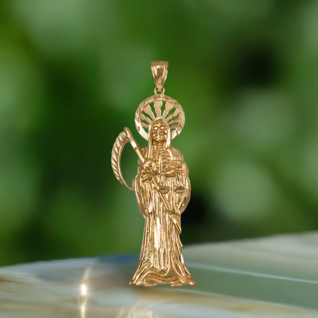 Gold Santa Muerte DC Pendant (yellow, white, rose gold, 10k, 14k)