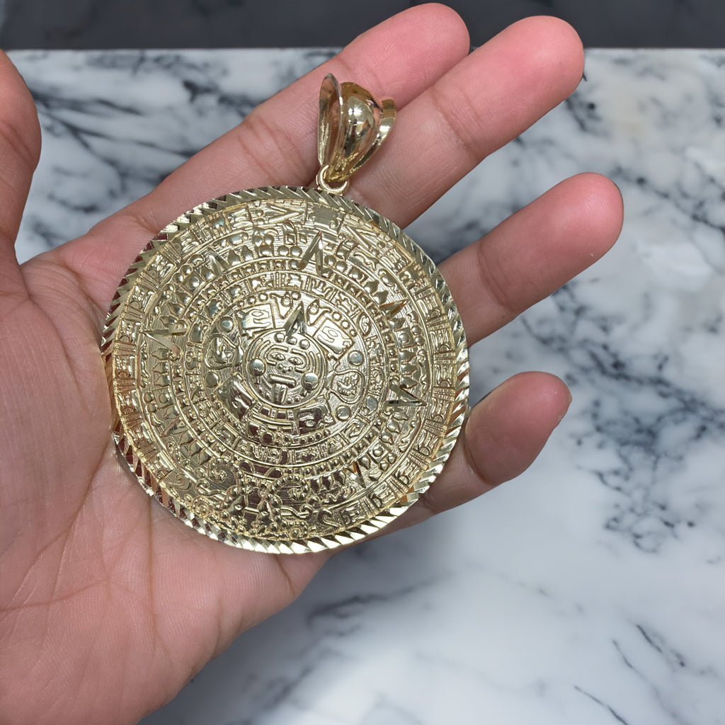 Gold Aztec Mayan Sun Calendar Extra Large Pendant (XL/XXL) (yellow, white, rose gold)