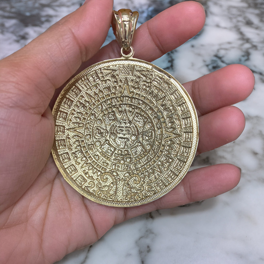 Gold Aztec Mayan Sun Calendar Extra Large Pendant (XL/XXL) (yellow, white, rose gold)