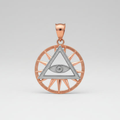 Rose gold and silver triangle pendant with eye design on a white background