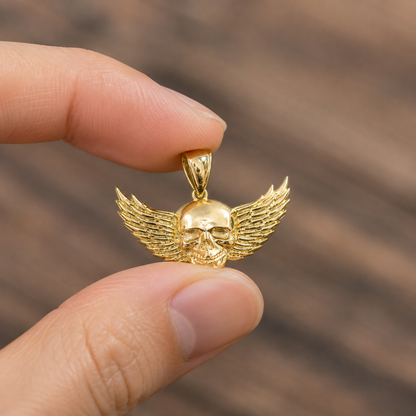 Polished Gold Winged Skull Pendant (yellow, white, rose gold, 10K, 14K)