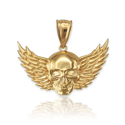 Polished Gold Winged Skull Pendant (yellow, white, rose gold, 10K, 14K)