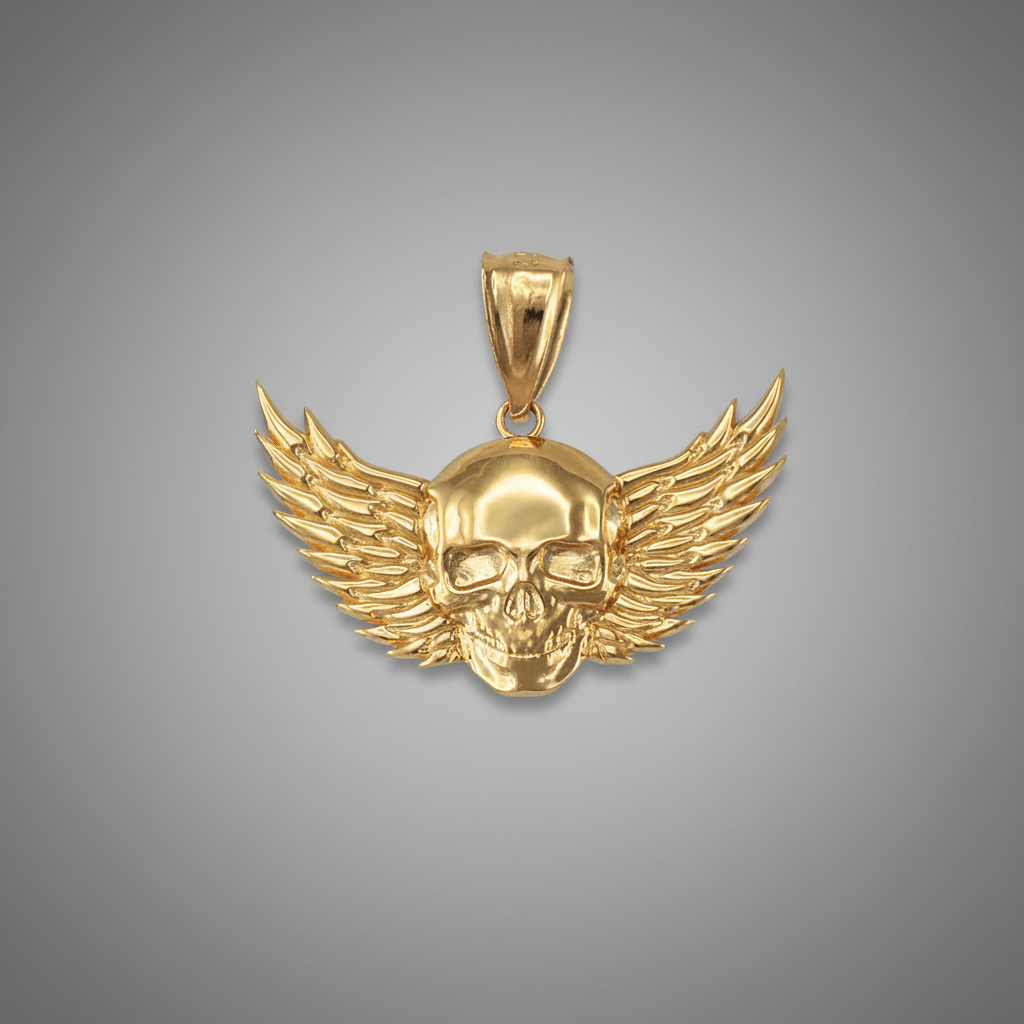 Gold pendant with skull and wings design on a gray background