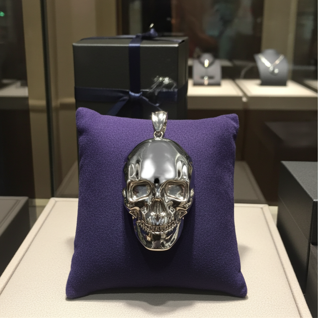 Silver skull pendant on a purple cushion with a blurred jewelry store background