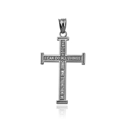 Reversible Gold Latin Cross Pendant with Philippians 4:13 Scripture (10K, 14K, yellow, white, rose gold)