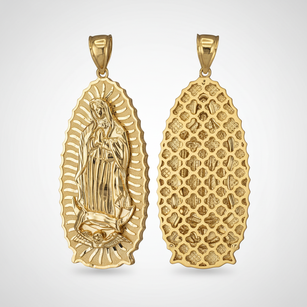 Gold pendant with religious design next to a U.S. dime for scale on a white background