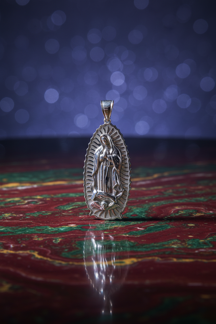 Silver pendant of a religious figure on a light gray background