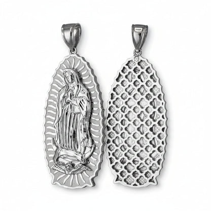 Sterling silver Our Lady of Guadalupe Virgin Mary pendant on white background