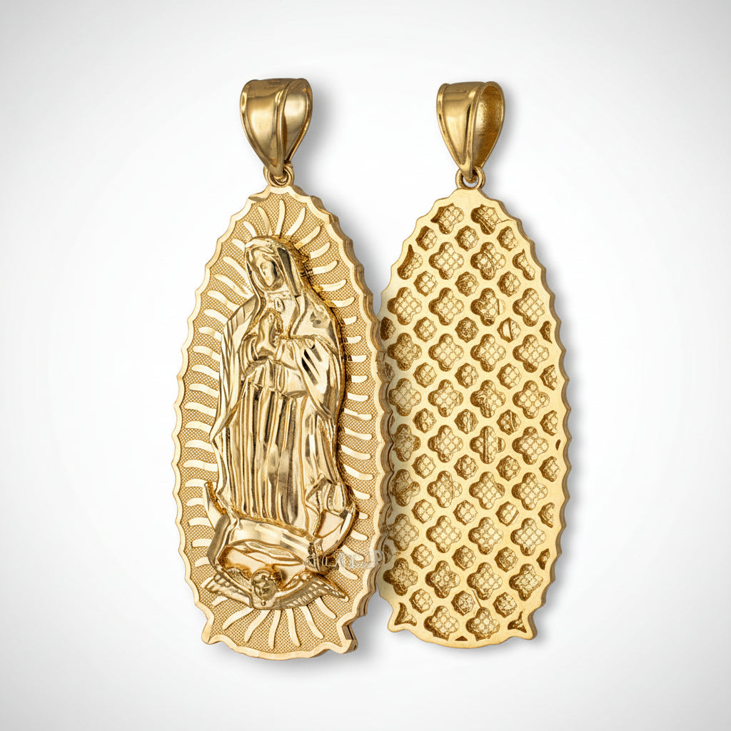 Gold pendant with religious design on a white background