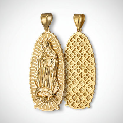 Gold pendant with religious design on a white background
