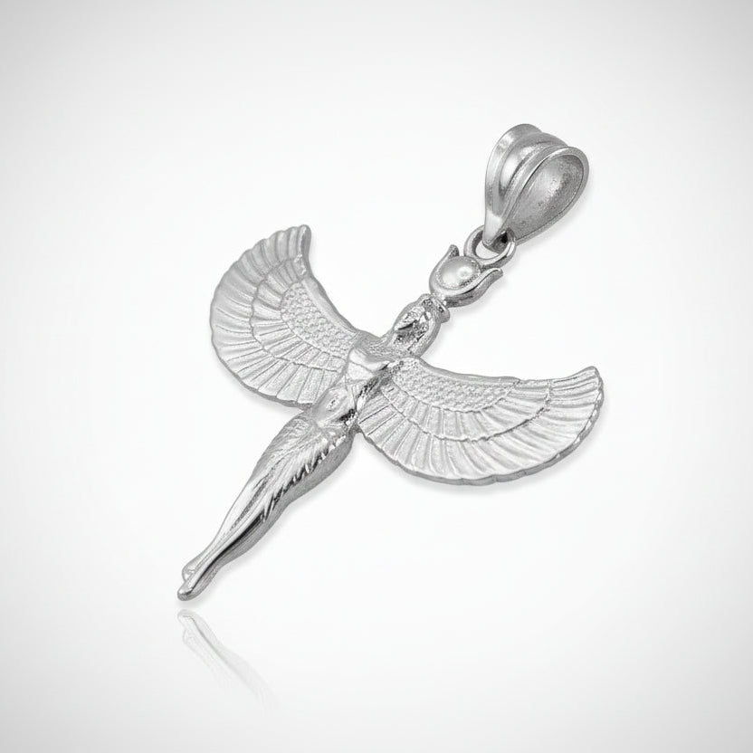 Sterling Silver Egyptian Isis Standing Winged Goddess Pendant Necklace