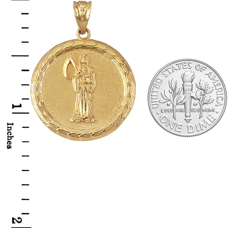 Gold Santa Muerte Medallion Pendant Necklace in 10K or 14K, Yellow, White, Rose, 2-Tone