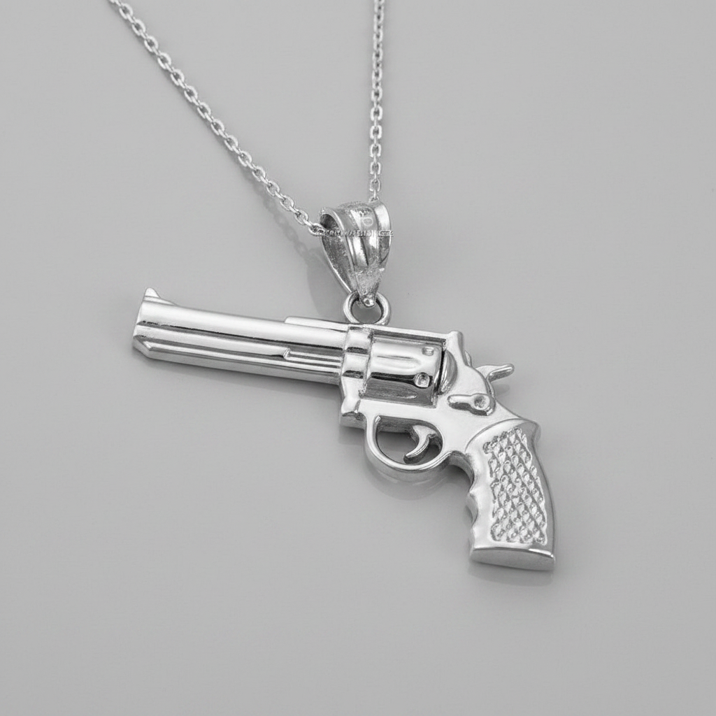 Sterling Silver Revolver Gun Pendant Necklace