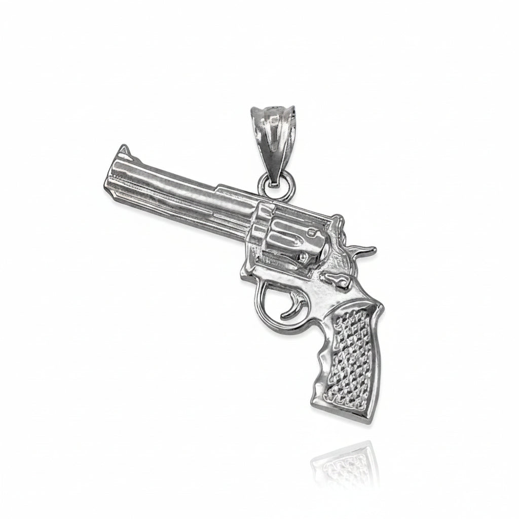 Silver revolver pendant on a white background