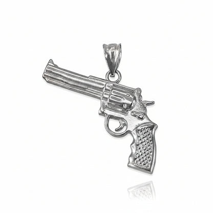 Silver revolver pendant on a white background