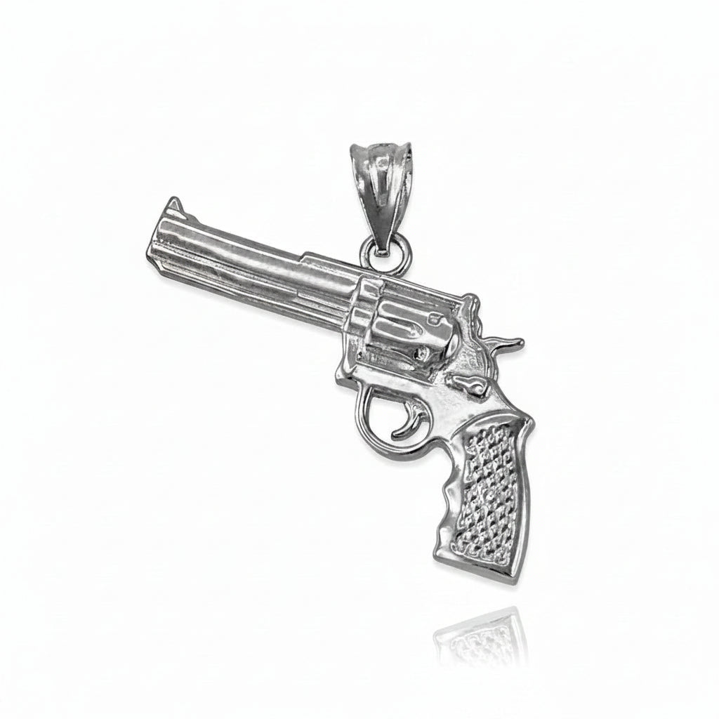 Silver revolver pendant on a white background