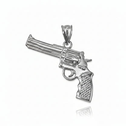 Silver revolver pendant on a white background