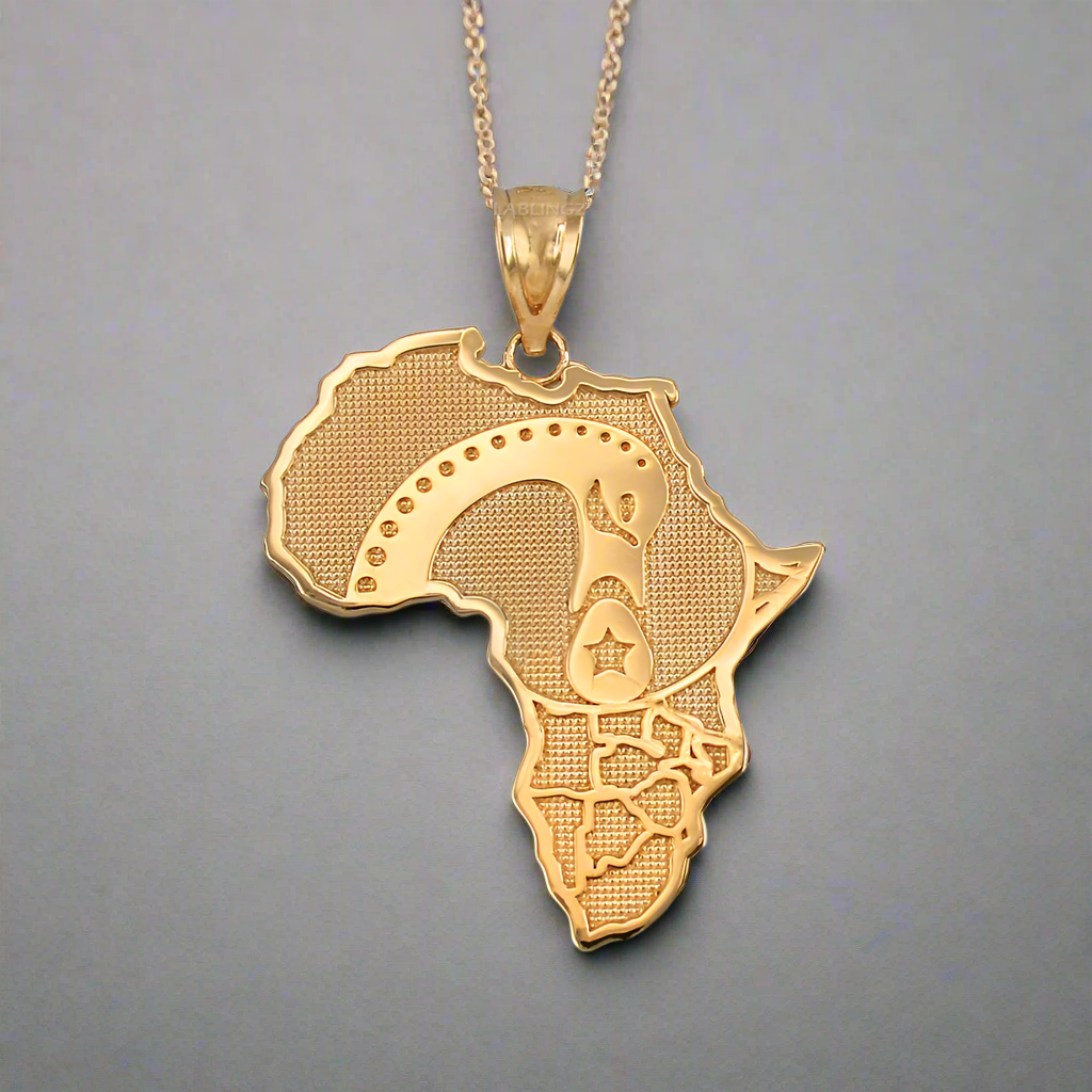 Gold Africa Map Adinkra Sankofa Pendant Necklace (10K, 14K, yellow, white, rose gold)