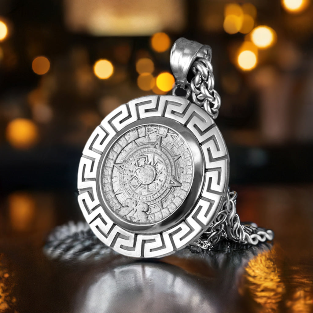 Sterling Silver Aztec Mayan Sun Stone Calendar Pendant – Ancient Symbol Jewelry