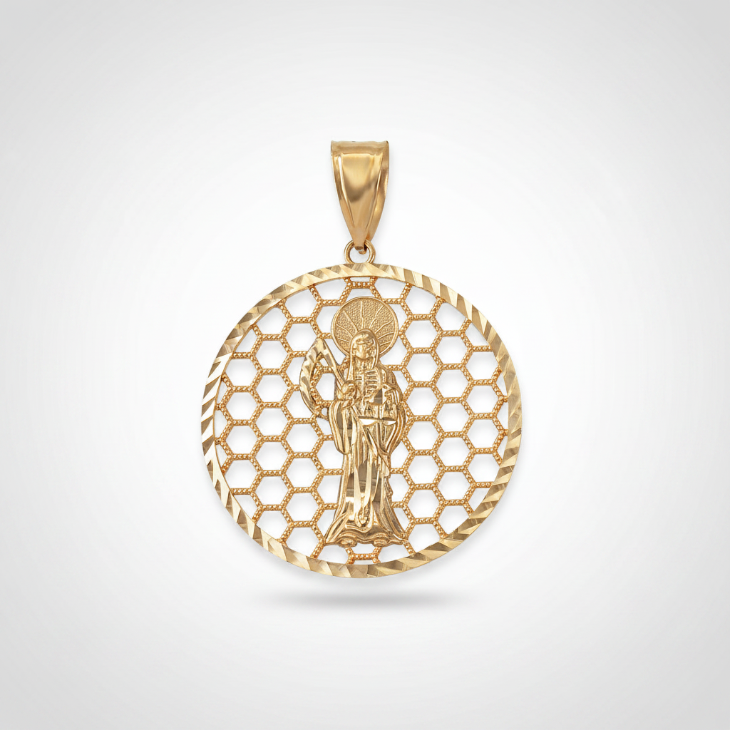 Gold Santa Muerte Round Honeycomb DC Pendant (yellow, white, rose, 2-tone, 10k, 14k)