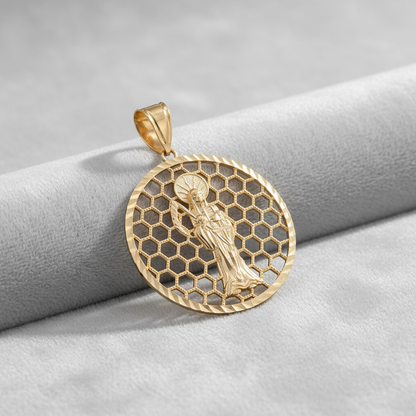 Gold Santa Muerte Round Honeycomb DC Pendant (yellow, white, rose, 2-tone, 10k, 14k)