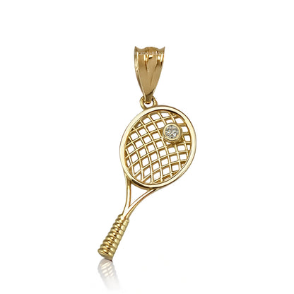 Gold tennis racket pendant with a diamond