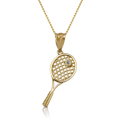 Yellow Gold Tennis Racket Pendant Diamond Charm Necklace for Women