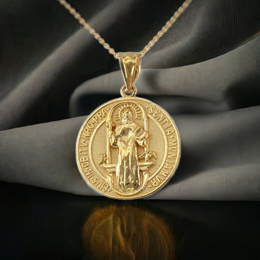 Solid Gold St. Benedict Reversible Medallion Charm Necklace (yellow, white, rose gold, 10k/14k)