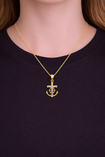 Gold Mariner Anchor Crucifix Cross Pendant Necklace (yellow, white, rose gold, 10k, 14k)